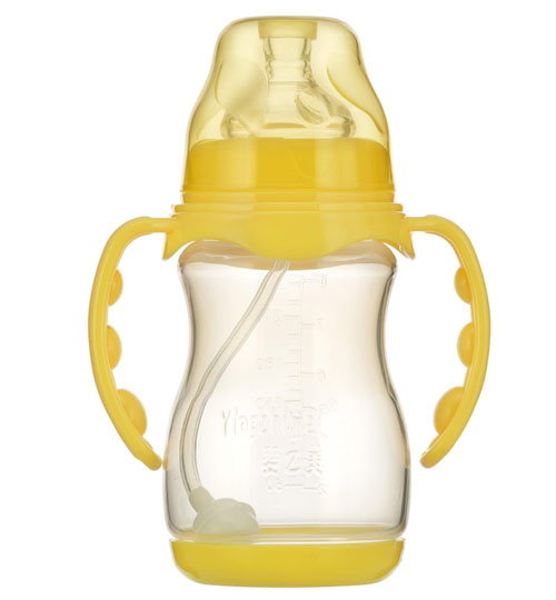 嬰之美寬口雙耳自動(dòng)圓弧PP奶瓶帶底240ML黃色