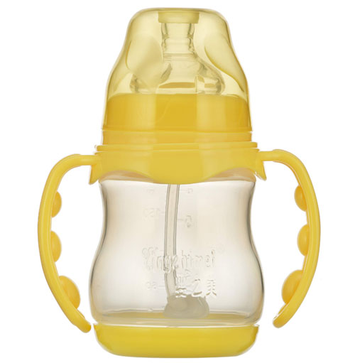 嬰之美寬口雙耳自動圓弧PP奶瓶帶底180ML黃色