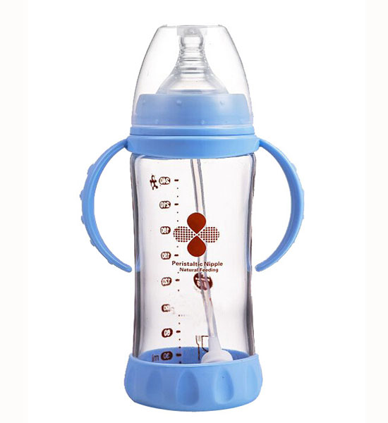 Happy100防脹氣帶手柄寬口徑奶瓶藍(lán)色