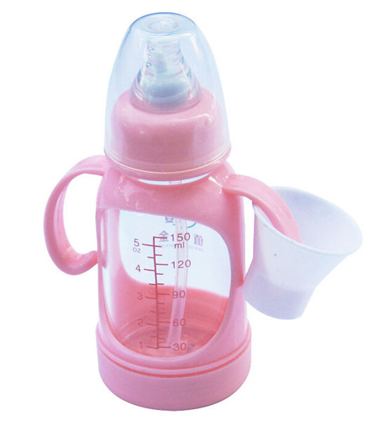 Happy100奶瓶帶手柄防摔玻璃奶瓶粉色