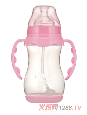 嬰之美寬口雙耳自動圓弧PP奶瓶帶底300ML粉色